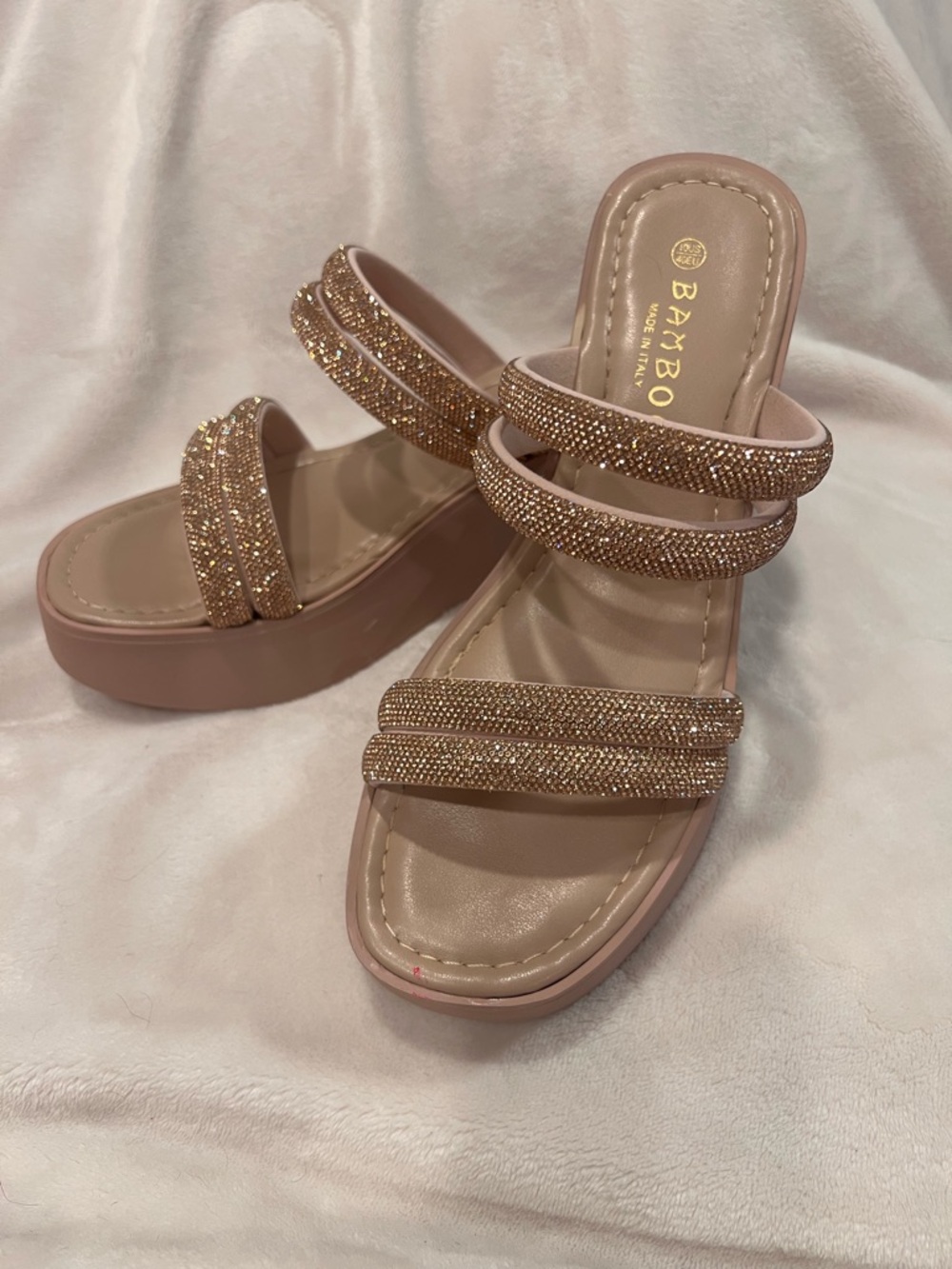 BAMBOO Rose Gold Rhinestone Platform Slide Wedges